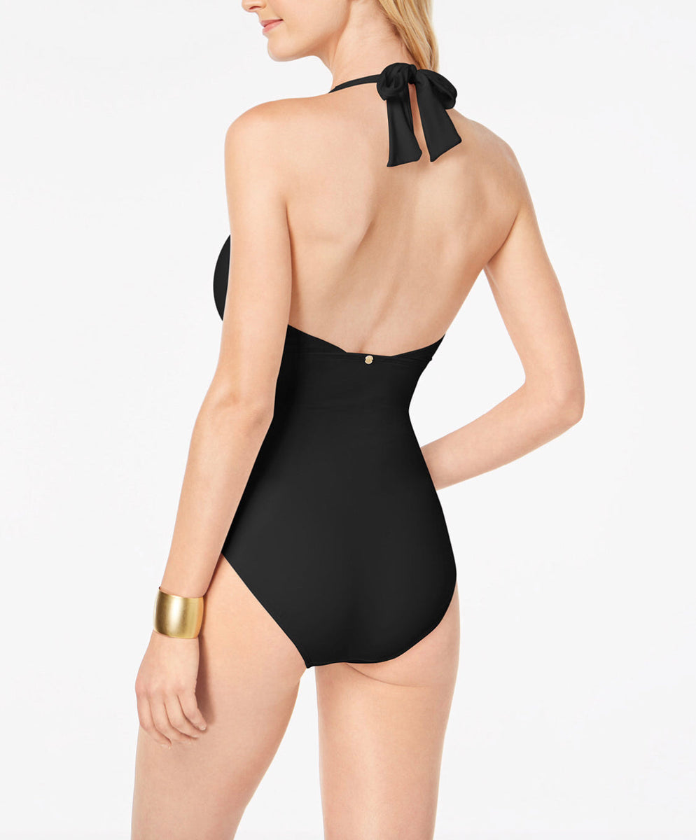 Lauren Ralph Lauren Plunging Cocktail Halter Slimming Fit One-Piece  Swimsuit Black 16 NWT! $120